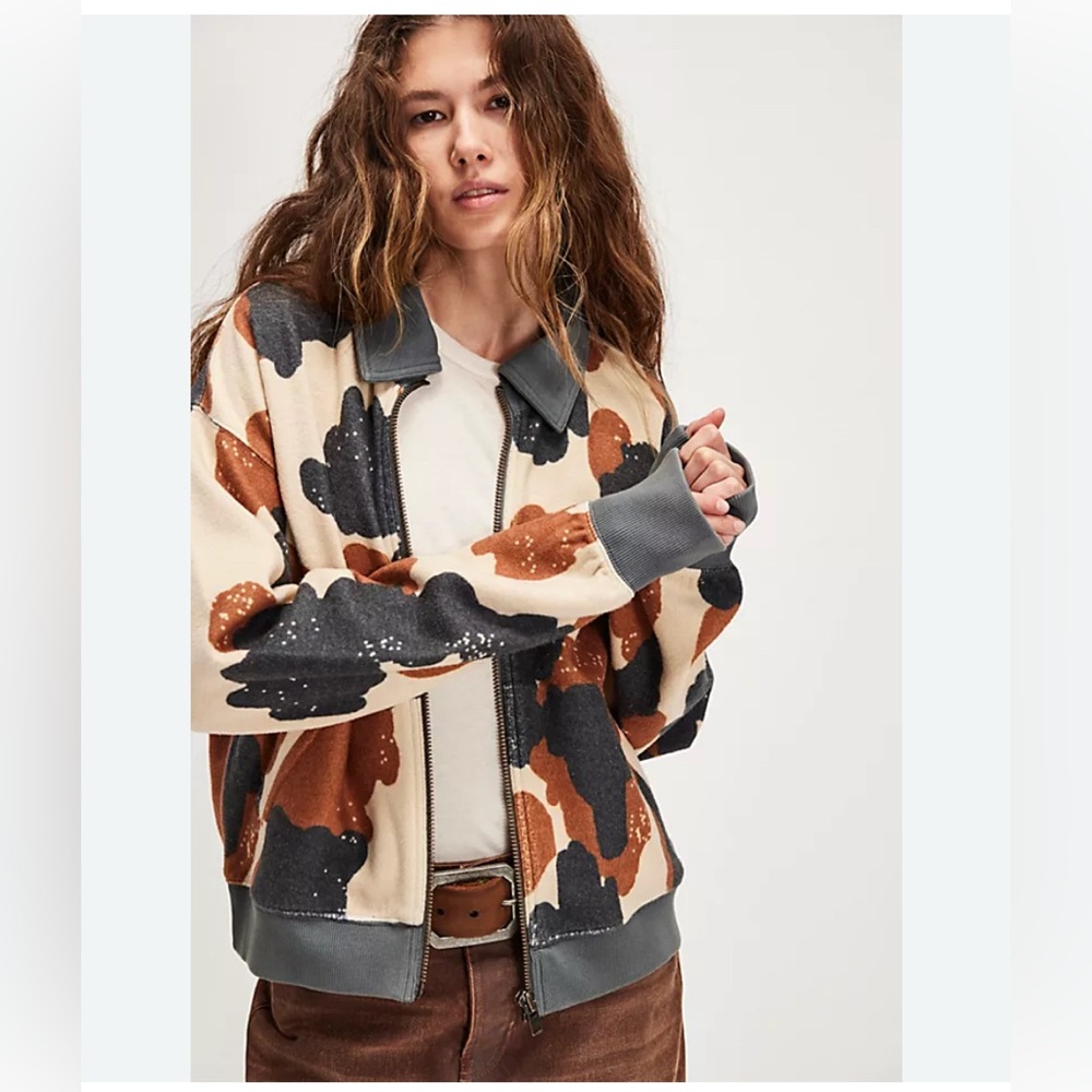 Free People Cabin Cardi Happy Cow Combo Multicolor Zip-Up Jacket NWT Size Small